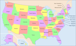 A map of the continental USA. The states are labelled.