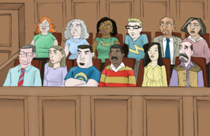 A cartoon drawing of a jury. The jury is diverse and all of their faces look skeptical.