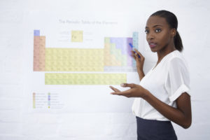 A female science teacher explains the periodic table of the elements.